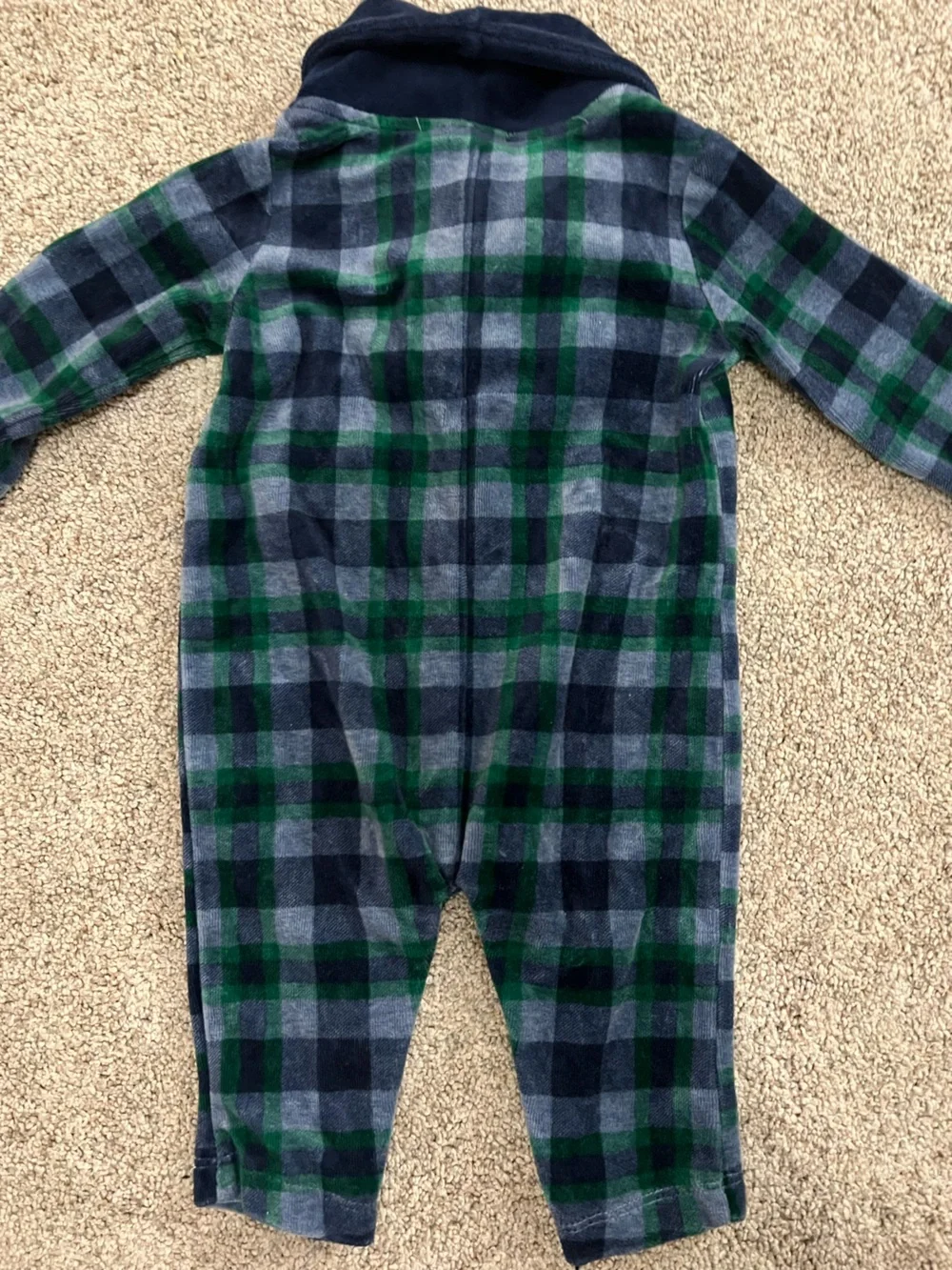 First Impressions Navy and Green Plaid Shawl Collar Fleece One-Piece 0-3M